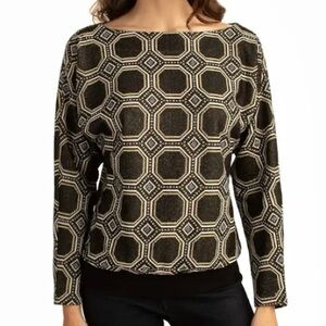 Trina Turk Easy Going Metallic Top Women’s Size L Geometric Print Knit Pullover